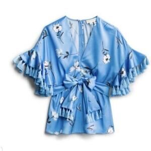 Sachin & Babi Amelia Blouse Tassels Cocktail Party Women Blue Short Sleeve 3XL